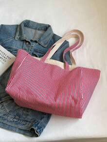 可翻转超大容量帆布手提包，撞色设计，轻便可折叠单肩包，适合通勤、购物、旅行、健身房、学校、图书馆等各种场合 - 紅白色 - 查看 7