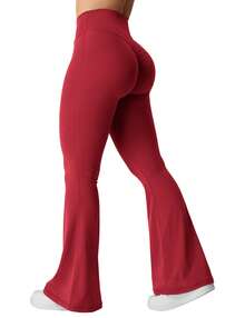 YEOREO Kalie Flare Scrunch Leggings For Women V Cross Waist Bell Bottom Yoga Pants Tummy Control Bootcut Workout Leggings Sweat Weatpants Women Pants For Women Yoga Pants For Women Flare Leggings Joggers For Women Black Pants Sweat Pants Flare Leggings Women Yoga Pants For Women - Rượu vang đỏ - Xem 1
