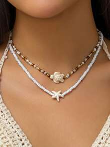 2 piezas Collares con cuentas estilo bohemio con diseños de estrella de mar y tortuga, joyería de estilo vintage de playa y océano, adecuado para uso diario y viajes