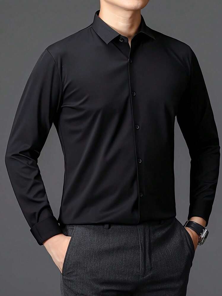 Men's Solid Color Lapel Collar Dress Shirts, Casual Long Sleeve Button Down Shirt For Formal Occasions - Xem 4