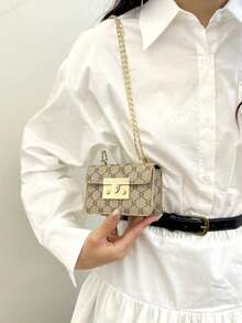 复古金色金属翻盖锁扣新款口红包时尚小手提包复古花卉链条斜挎单肩包 (适合女士，装饰包，复古百搭) - 卡其色 - 查看 3