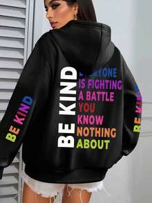 Plus Size Women's Casual Letter Pattern Sweatshirt, Suitable For Autumn/Winter, Available In Full Size Range Black Spring - Black - View 2