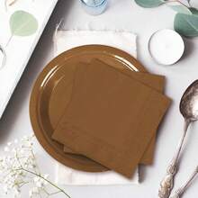 100Pcs Brown Tableware Set Fall Disposable Dinnerware Set 50Pcs Paper Plates 25Pcs Napkin 25Pcs Cups For Wedding Birthday Bride Shower Party Supplies Table Decor - 巧克力棕 - 查看 7