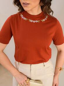 Women's Terra Cota Blouse Embroidery Floral Necklace On O-Neck Short Sleeve Fashion Casual Elegant Comfortable - 赤土陶 - 查看 2