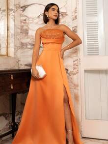 LONG WEDDING PARTY DRESS FOR GODMOTHER, STRAP-FIT, SATIN WITH SEQUINS - Coral Pink - View 2