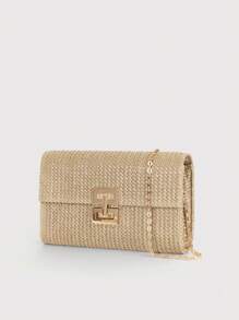 Bolso de playa con solapa con cierre de giro, de paja trenzada con cadena, tipo clutch