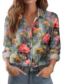 Button Down Shirts For Women Dressy Floral Printed Long Sleeve Blouse Business Casual Work Tops - Wf70 - 查看 1
