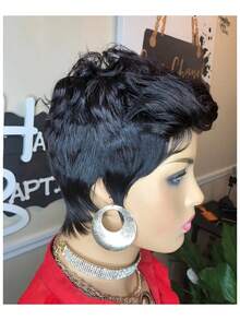 无胶短鲍勃精灵短发假发 - 真人发玫瑰网帽自然黑色，短发假发真人发精灵短发假发适合女性，无胶短鲍勃带刘海，万圣节，化装舞会全机器制造，玫瑰帽，中性风格适合作为女性礼物真人发精灵短发假发适合，中性风格适合个体适合所有种族，女士精灵短发假发