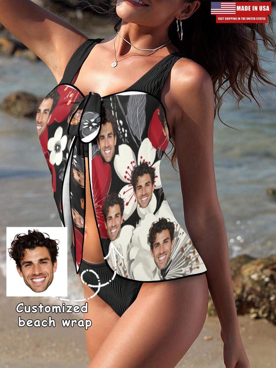 [MADE IN USA]Custom Beach Sarong Wrap With Faces Personalzied Women's Sarong Wrap With Photo Customize Bikini Swimwear Cover Up Tropical Short Swimsuit - Kiểu 4 - Xem 1