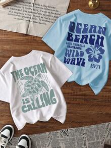 2-Piece Set, Women's Summer Casual Vacation Style Versatile Letter And Turtle Print Pattern Round Neck Short Sleeved T-Shirt. Graphic Tees Women Blue Top Pink Top Vacation Women