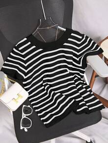 大码条纹撞色休闲套头针织短袖上衣 夏季 - 黑與白 - 查看 2