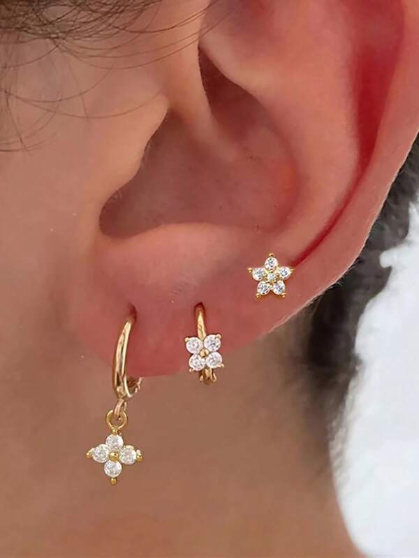 Set de 3 pendientes de acero inoxidable con flor de circonita para mujer, pendientes de aro hipoalergénicos bañados en oro de 18K para cartílago, hélix y tragus para uso diario