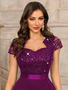 MIUSOL Sequin Lace Sweetheart Neck Ruffle Hem Cocktail Party Bodycon Dress - Maroon - View 8