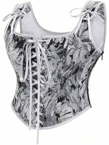 Womens Vintage 1920s Renaissance Lace Trim Corset Bustier, Retro Fashion - 灰色雛菊 - 查看 3