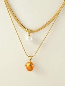 1 件不锈钢双层蛇骨项链，带树脂仿珍珠和水果吊饰（草莓、西瓜、樱桃），非常适合夏季郊游、海滩、情人节礼物和日常佩戴，适合所有场合