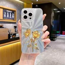 Golden Rose Stem Two Blooms Luxury Elegance-Angle-Changeable Firework Phone Case|Multi-Dimensional Sparkle Effect |Anti-Slip, Shockproof For IPhone [X/11/12/13/14/15/16 Pro Max], Girls Aesthetic Accessories - White - View 5