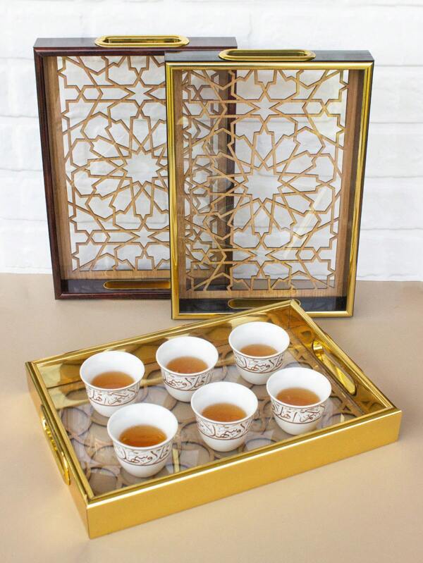 قطعة تخزين مستطيلة بمقبض، صينية بلاستيكية ديكورية لتخزين فناجين الشاي والقهوة والأطباق، صينية فاكهة وحلوى، رف تخزين لشموع العطور والبخور، صينية مجوهرات و عرض مستحضرات التجميل، مناسبة للمنزل والمطبخ والحمام وغرفة المعيشة والمطعم والفندق وحفلات الشاي والأعراس ولاستقبال الضيوف، تصميم مجوف خلاق، مصنوعة من البلاستيك والأكريليك