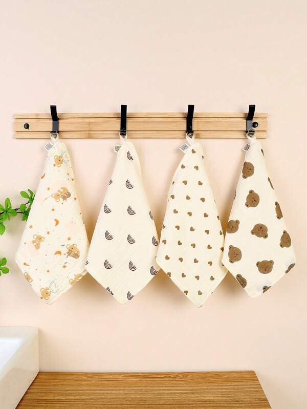 4 Pieces Of Newborn Baby Square Towels, Pure Cotton Crepe Face Towels, Pure Cotton Gauze Towels, Cartoon Bibs, Baby Needs,