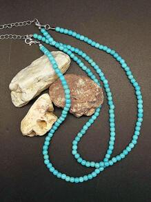 1 Pc Vintage Elegant Turquoise Beaded Necklace, Simple Turquoise Choker Necklace For Women Everyday And Holiday Wear