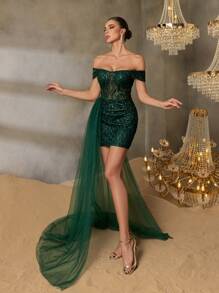 Luxury Off-Shoulder Beaded Evening Gown With Back Tied Closure & Asymmetric Flowing Train – Elegant Black-Tie Galas, Red Carpet Premieres, Luxury Weddings, High-Fashion Evenings, Formal Gala Dinners