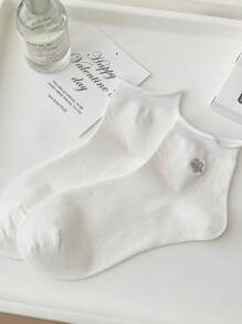 4 Pairs Of Black And White Women's Socks, Silver Flower Love Bow Embroidery Ladies Short Socks Ankle Socks, Daily Casual Sports Wear