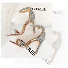 European And American Fashion Sexy Nightclub Summer High Heels Stilettos Super High Heels Shiny Sequins One-Strap Sandals