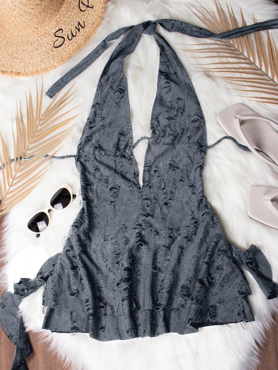 Deep V-Neck Backless Ripped Apocalyptic Style Asymmetrical Sexy Mini Dress - Dusty Blue - View 1