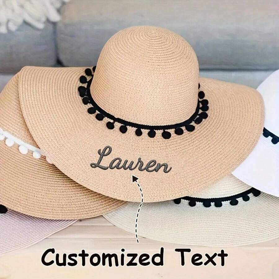 Bride Beach Hat, Pom Pom Sun Hat, Personalized Mrs Gift, Floppy Hat, Bachelorette Party Gift, Bridal Shower Gift, Bridesmaid Gift - Multicolor - View 1