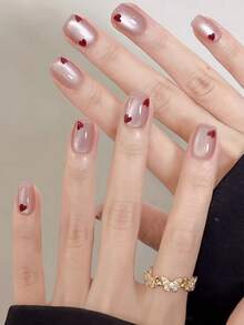 10片心形猫眼莲花紫色柔和飘逸亮泽高级手工美甲贴片，按压式美甲，美甲用品，手工按压式美甲 - 藕粉色 - 查看 2