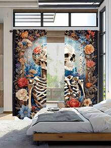 2 件骷髅图案半遮光窗帘，数码印花涤纶，带杆套，可水洗，适用于客厅、卧室、厨房、墙面装饰，四季皆宜 - 彩色 - 查看 7
