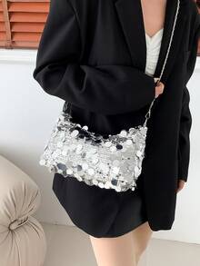 1件装绗缝拉链亮片手提包，夏季新款闪亮腋下包，大容量派对晚宴包，时尚链条单肩包，适合女性外出、度假、派对、宴会等场合 - 銀色 - 查看 8
