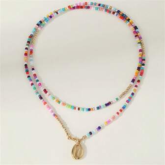 Illusory 1pc Colorful Rice Bead & Shell Pendant Bohemian Style Double Layer Necklace For Women, Summer Beach Vacation