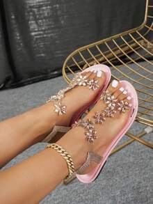 Wide Fit Classic White Flat Sandals For Women, Featuring Butterfly Decor, Elastic Design At Heel, Fashion Casual Vacation Style, Comfortable Lightweight Non-Slip - Pink - View 6