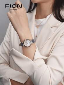 FION Women's Leather Quartz Watch With Mother-Of-Pearl Dial Watch For Ladies Elegant Wrist Analog Watch With Adjustable Strap