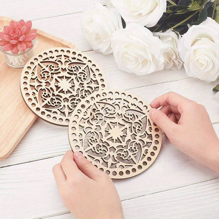 6pcs Set Apricot Crochet Basket With Wooden Bottom And Lid - DIY Weaving Kit For Creative Craft, Dream Theme - Wood Color - View 12