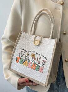 1pc Best Teacher Ever Letter And Flower Print Linen Tote Bag, Reusable Printed Women'S Tote Bag, Double Handle Shopping School Bag, Large Capacity Shoulder Bag, Casual Tote Bag, Christmas Storage Bag, Suitable For Commuting, School And Shopping, Convenient For Outdoor Use, Gift For Friends And Besties, Teacher Gift, Perfect Choice For Vacation And Festival, Best Teacher Christmas, Thanksgiving Gifts, Thank You Teacher Gifts