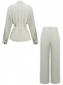 女士休闲时尚秋冬新款纯色复古长袖单扣优雅系带上衣搭配阔腿裤套装，完美适用于办公室、工作和聚会场合。秋季女装，冬季女装，复古女装 - 淺灰色 - 查看 4