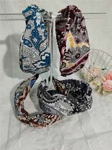 1 pieza Diadema ancha con lazo y estampado de flores, accesorio para el cabello de tela para uso diario, diadema para mujeres, accesorios para el cabello