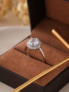 S925 Sterling Silver Sunflower Platinum Plated Engagement Ring, Suitable For Wedding, Proposal, Anniversary Gift