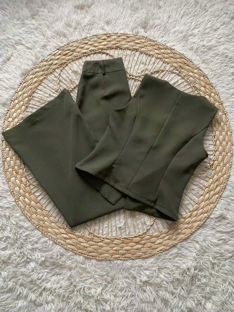 Conjunto Social Calça Pantalona Cintura alta bolsos Alfaiataria Colete Botões  Simples    elegante  Casual    Bolso  Zíper - Verde Escuro - Visão 3