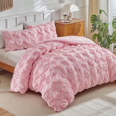 Bộ chăn ga gối polyester xếp ly màu hồng 2/3 chiếc, Bộ chăn ga gối hiện đại dễ thương cho mọi mùa, Bộ chăn ga gối trẻ em, bé gái, thanh thiếu niên mềm mại và thoáng khí (1 vỏ chăn + 1/2 vỏ gối)