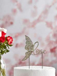 1pc Golden & Silver Anniversary Love Cake Topper, Metal Rhinestone Cake Decor For Wedding Anniversary, Valentine's Day, Birthday Party