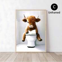 1/3 件套奇思妙想高地牛浴室海报 | 有趣的农场动物帆布艺术，Cottagecore 奶牛礼品，适合幽默爱好者的农舍墙壁装饰，无框架