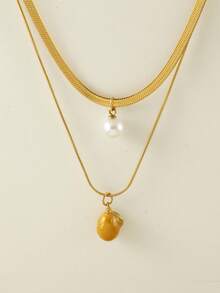 1 件不锈钢双层蛇骨项链，带树脂仿珍珠和水果吊饰（草莓、西瓜、樱桃），非常适合夏季郊游、海滩、情人节礼物和日常佩戴，适合所有场合