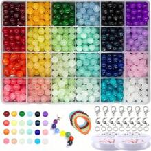 50piezas/384piezas/624piezas Cuentas de vidrio de 8mm para hacer joyas, 24 colores aleatorios Cuentas de de 8mm imitación jade, kit para hacer pulseras con anillo de salto, cierre mosquetón, hilo elástico para hacer pulseras, collares, pendientes, joyas y manualidades como regalo.
