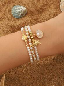 5/3pcs Elegant Starfish, Sea Turtle & Shell Shaped Pendant Bracelet Set, Bohemian Style Jewelry, Suitable For Women's Everyday Wear, Summer Holiday, Beach Party, Bikini, And Ideal Holiday Gift