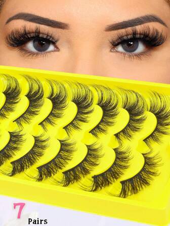 7 对蓬松翼状眼尾纤长睫毛仿貂毛睫毛化妆，纤细假睫毛浓密假睫毛卷曲假睫毛适合漫画眼