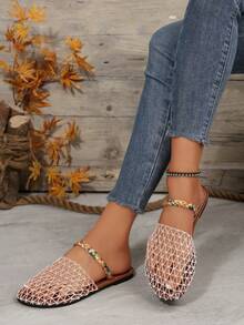 女式白色渔网平底凉鞋，编织带，封闭式鞋头，一脚蹬设计，优雅休闲舒适百搭夏季/假日拖鞋