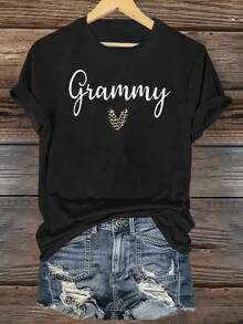 Vintage Graphic Tee Grammy Printed-Shirt With Leopard Print Heart Pattern - Comfortable Casual Breathable Women's Top-ShirtFashionable Women's Clothing - màu đen - Xem 1