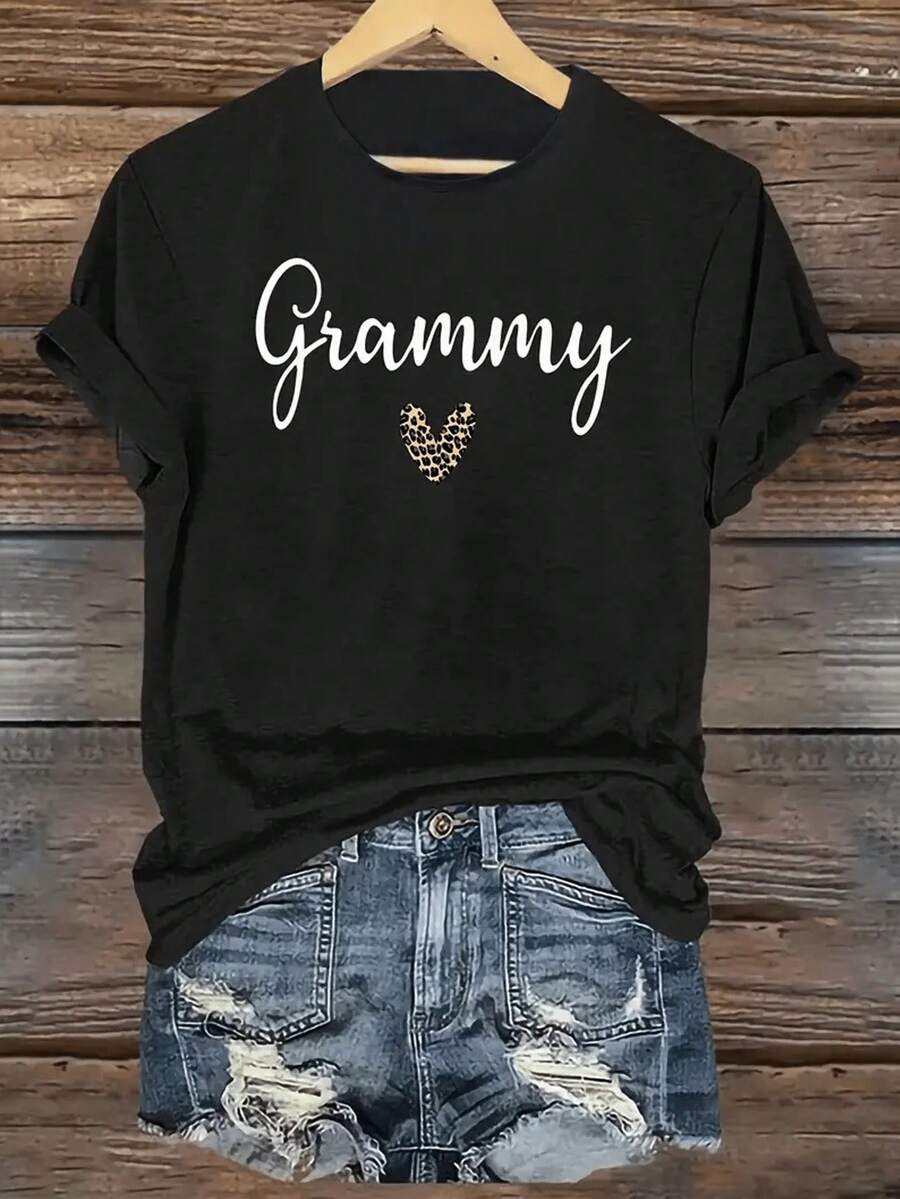 Vintage Graphic Tee Grammy Printed-Shirt With Leopard Print Heart Pattern - Comfortable Casual Breathable Women's Top-ShirtFashionable Women's Clothing - màu đen - Xem 1